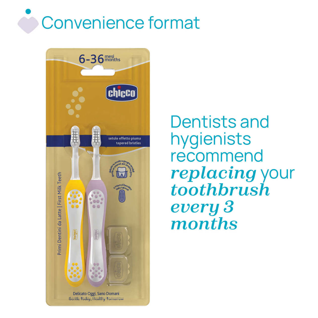 Chicco - Pack 2 Escovas Primeiros Dentes 6-36M Amarelo/Mallow