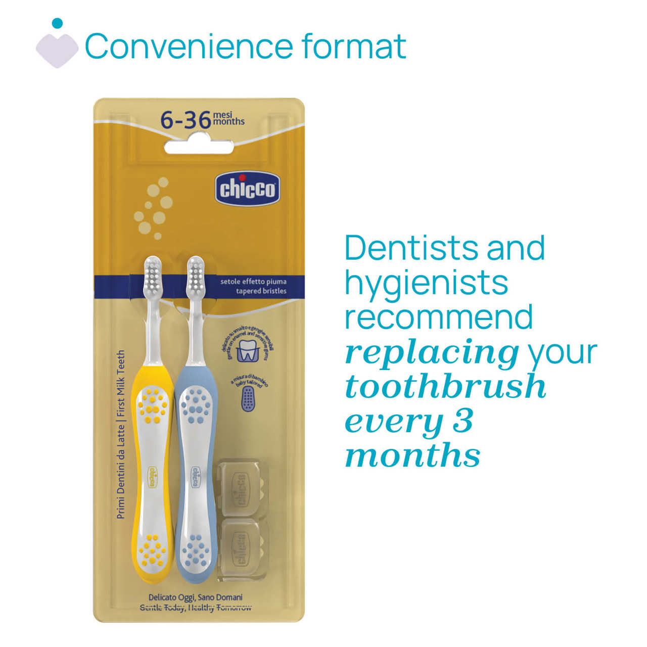 Chicco - Pack 2 Escovas Primeiros Dentes 6-36M Amarelo/Azul