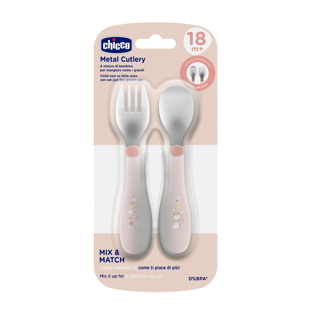 Chicco - Conjunto de Talheres Inox 18m+ Rosa