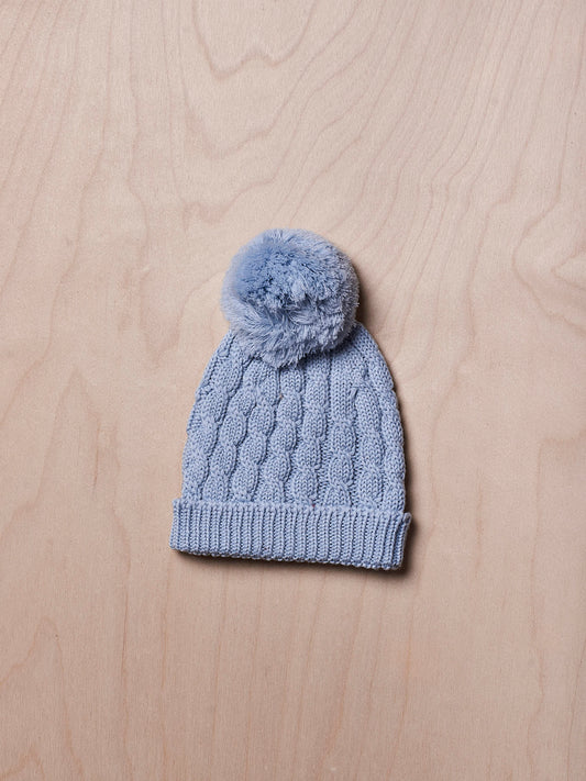 Gorro com pompom tricotado em lã - Azul Bebé