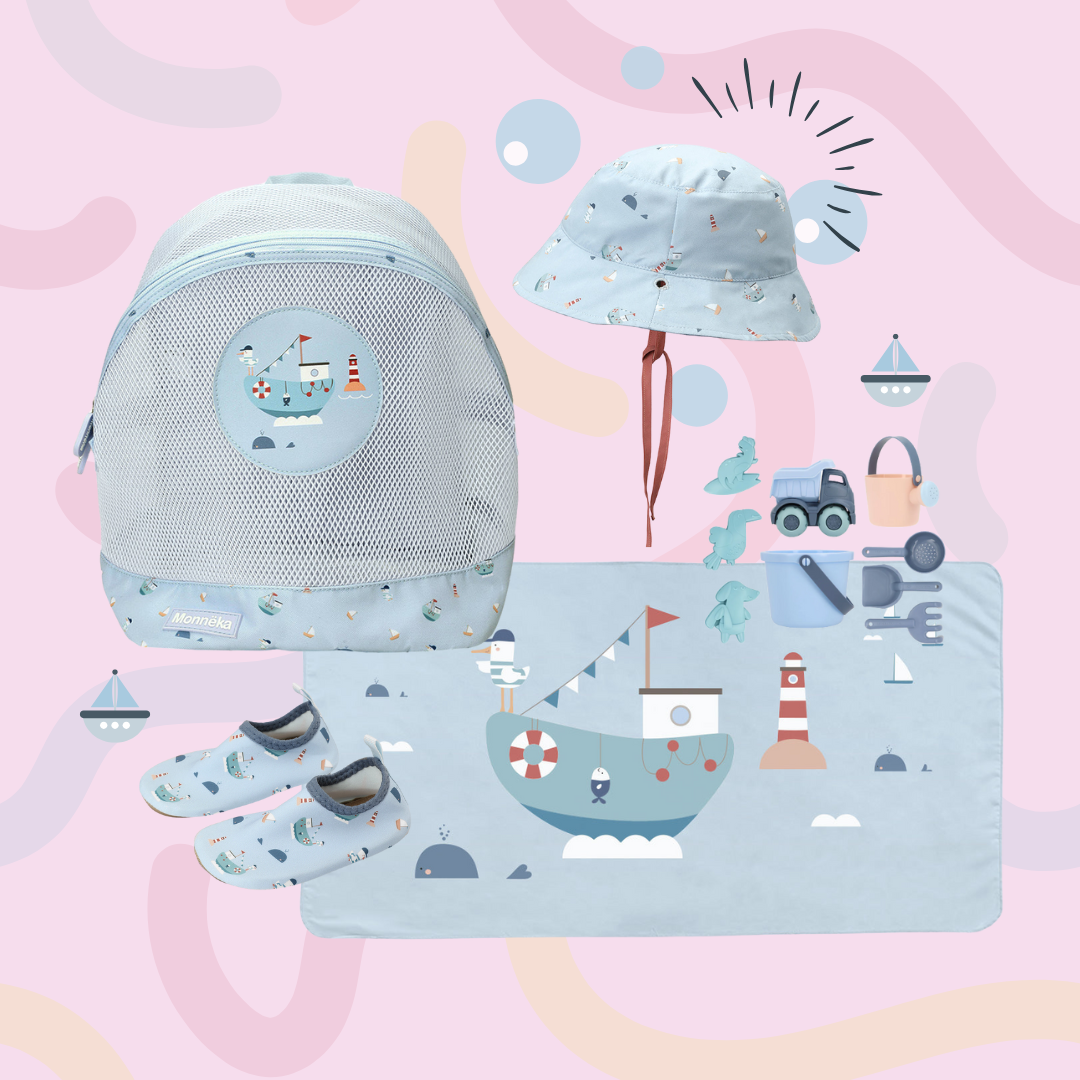 Pack Praia - Mochila + Toalha + Brinquedos + Sapatos + Chapéu Fishing Boat