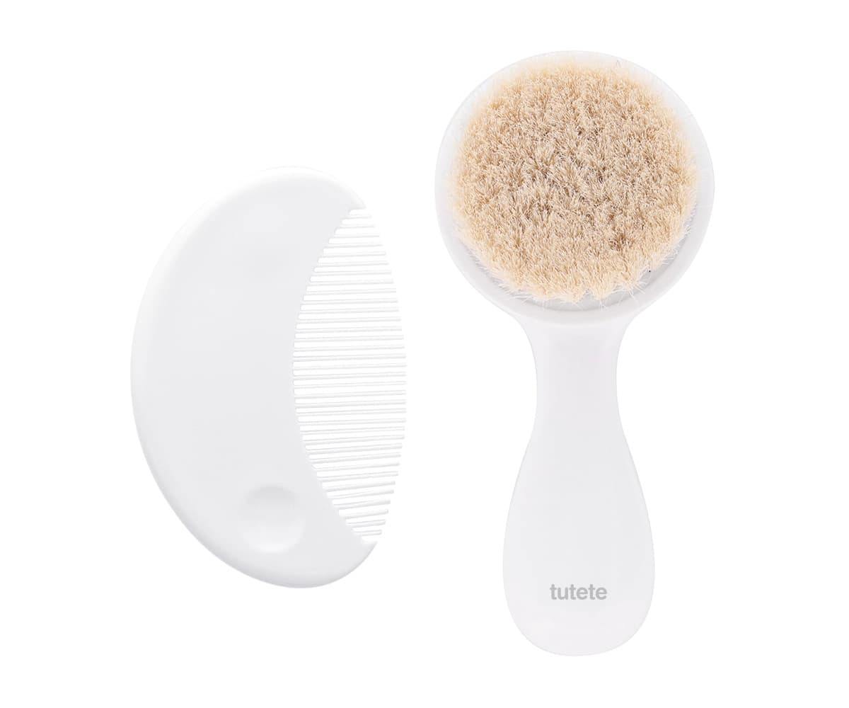 Conjunto de Escova de Cerdas Naturais e Pente - Branco - Loja Papás & Bebés