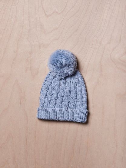 Gorro com pompom tricotado em lã - Azul Bebé