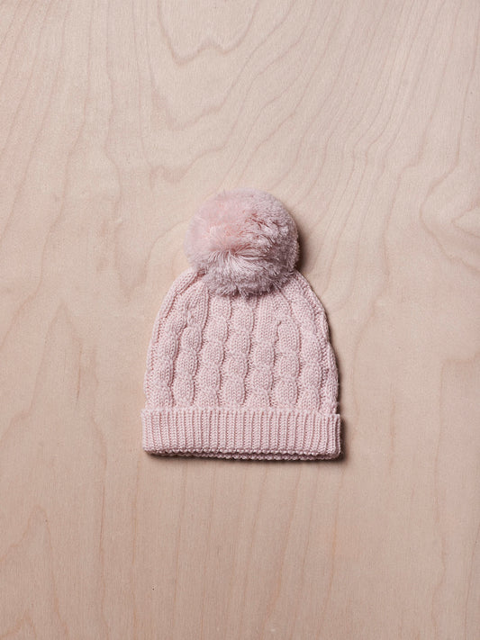 Gorro com pompom tricotado em lã - Rosa Bebé