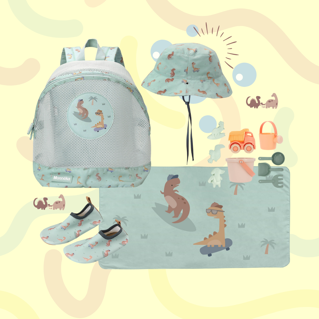 Pack Praia - Mochila + Toalha + Brinquedos + Sapatos + Chapéu Cool Dinos