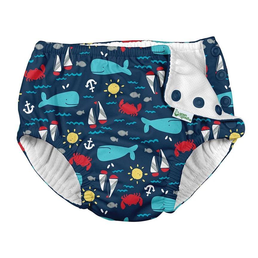 Fralda Reutilizável Para Piscina e Praia - Navy Nautical Whale - Loja Papás & Bebés